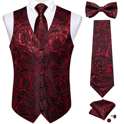 Men Black Paisley Vest Necktie Bowtie Pocket Square Cufflinks Dress Set Classic 5 PCS Business Waistcoat for Man