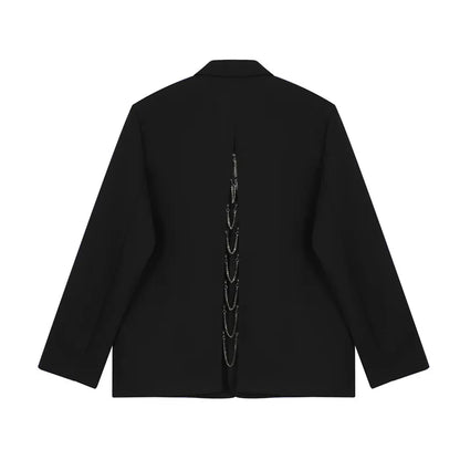 saferido Back Split Suit Jacket Men Solid Color Metal Chain Decor Blazer Spring Chic Loose Casual Black Male Handsome Stylish Blazers