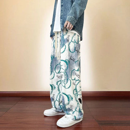 saferido American High Street Casual Pants Men's Tie-dye Bear Graffiti Casual Loose Wide-leg Pants Trendy Brand Niche Mopping Trousers