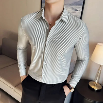 High Elasticity Men Stripe Shirt Spring British Style Anti-wrinkle High-EndSoft Solid Casual Slim Fit Long Sleeved Shirt
