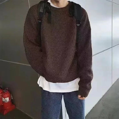 Solid Striped Sweater for Men Autumn Winter Casual O-neck Long Sleeve Pullovers Male Vintage All-match Knitted Jumpers Chic Tops