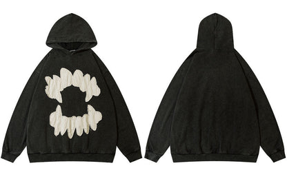 Vintage Mens Hoodie Sweatshirt Y2K Grunge Hip Hop Ripped Embroidery Teeth Patch Hooded Streetwear Harajuku Punk Gothic Pullover