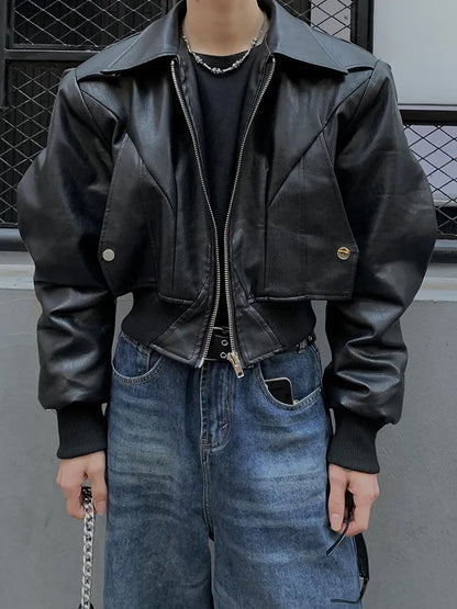 saferido Spring Autumn Cool Waterproof Black Pu Leather Jacket Men Shoulder Pads Long Sleeve Zipper Luxury Designer Clothes