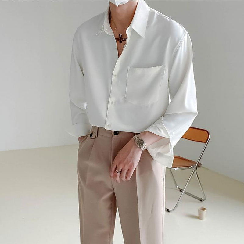 Solid Color Long Sleeve Shirt POLO Collar Single Breasted Loose Casual Fashion Korean Spring and Autumn New Men's Clothing Punk