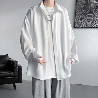 saferido Korean Fashion Ice Silk Shirts for Men Spring Summer Solid Color Long Sleeve Casual Loose Comfortable Button Up Shirt 5XL-M