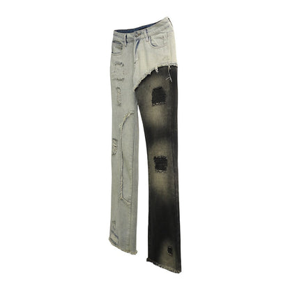 avant-garde and cutting-edge design, heterochromatic stitching, tattered beggar pants, with slight ruffled edges, and