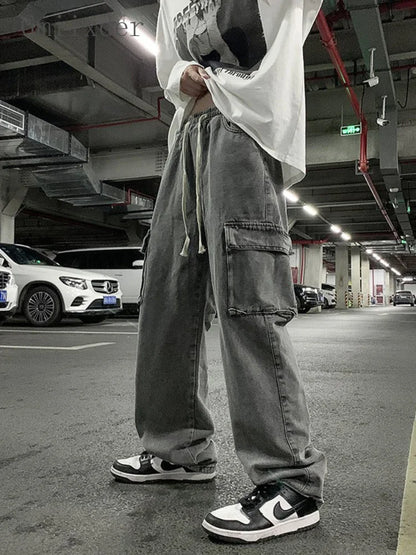 saferido Unisex Workwear Jeans Men Hip Hop Streetwear Denim Pants Spring Autumn Chic Hong Kong Style Wide Leg Straight Trousers