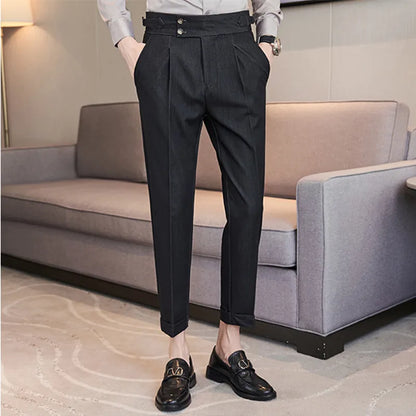 saferido Men Spring Summer Belt Decoration Casual Ankle Length Pants Fashion Slim Fit Suit Pants Streetwear Social Business Trousers