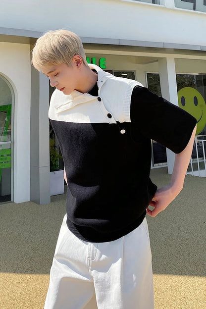 saferido Korea Fashion Streetwear Spring Diagonal Lapel Tank Tops Contrasting Color Men's Women’s Sleeveless Sweater tank top men