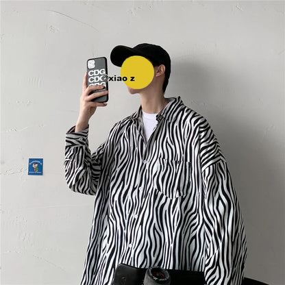 saferido Men's Classic Black and White Striped Shirt Japanese Loose Casual Large Size Couple's Model Lapel Tops Street Trendy Clothing