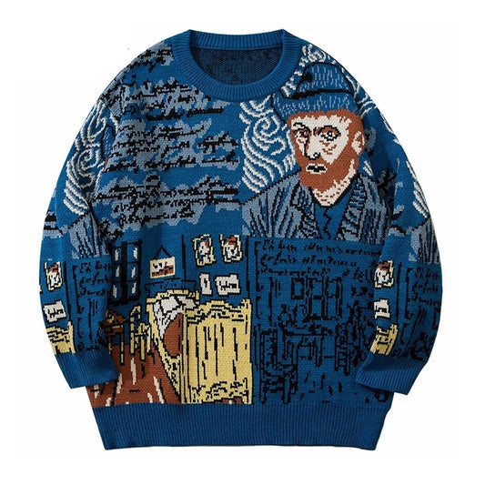 High Street Knitted Sweater Men Van Gogh Graffiti Print Sweaters Cotton Harajuku Loose Padded Pullover Women Streetwear Autumn