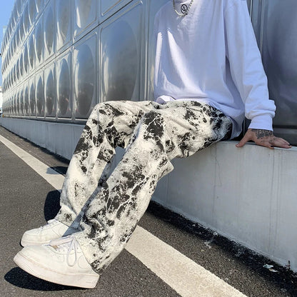 saferido Mens Fashion Printed jeans Spring Mopping Trousers Jeans Korean Style High Street Loose Hip Hop Wide-leg Jean Pants