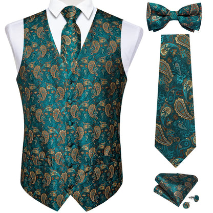 Men Black Paisley Vest Necktie Bowtie Pocket Square Cufflinks Dress Set Classic 5 PCS Business Waistcoat for Man