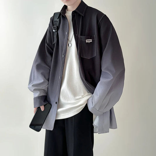 saferido Men's shirt Gradient Plicated Long Sleeve Shirts Loose Korean Shirt Fashion Casual Oversize Shirt Coat High Quality Clothing