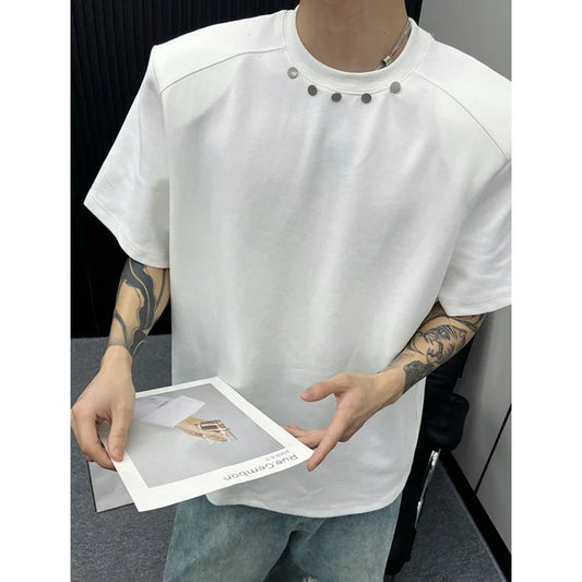 Heavy High-end Niche Short Sleeve T Shirts for Men Summer Loose  Ins Design Solid Color Rivet Round Neck T-shirt Streetwear