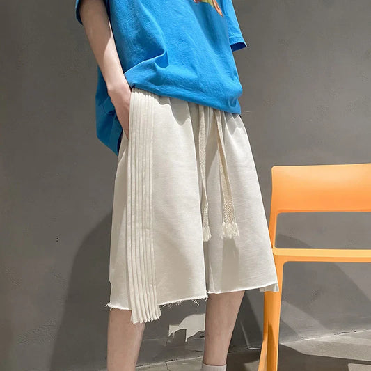 saferido Solid Loose Shorts Thin Summer Sports Thousand Pleated Straight Wide-leg Casual Pants Oversized 5-point Pants Men's White Orange