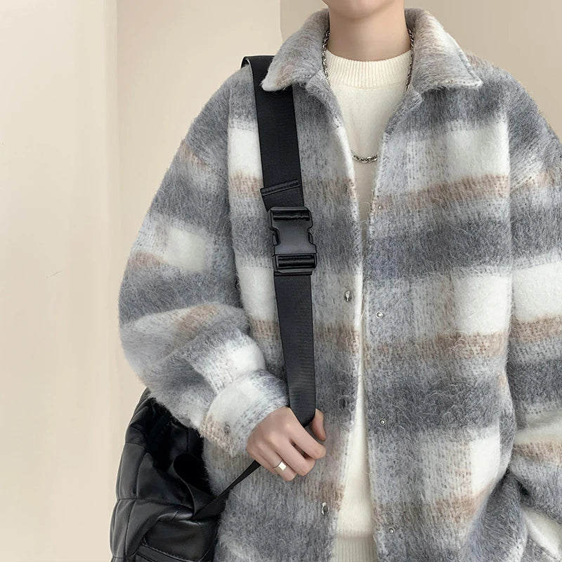 saferido Winter Thickened Woolen Coat Men Warm Fashion Thick Plaid Woolen Jacket Mens Streetwear Korean Loose Short Woolen Coat Men M-3XL