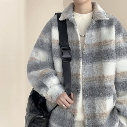 saferido Winter Thickened Woolen Coat Men Warm Fashion Thick Plaid Woolen Jacket Mens Streetwear Korean Loose Short Woolen Coat Men M-3XL