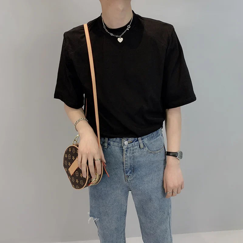 saferido Summer Short Sleeve T-shirt Men Fashion Casual Shoulder Pad Tshirt Men Streetwear Korean Loose Round Neck T Shirt Mens Top M-2XL