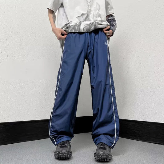 saferido KPOP Fashion Style Harajuku Slim Fit Sweat Pants Loose All Match Casual Pants Stripe Pockets Straight Cylinder Wide Leg Pants