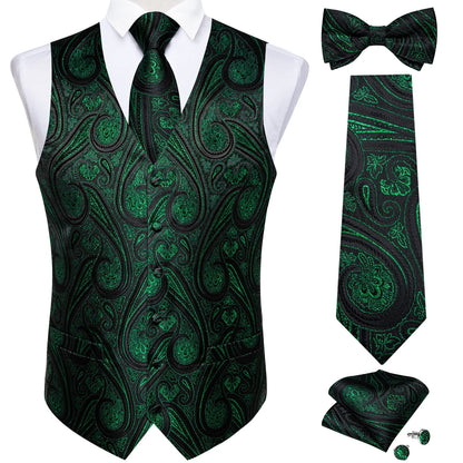 Men Black Paisley Vest Necktie Bowtie Pocket Square Cufflinks Dress Set Classic 5 PCS Business Waistcoat for Man