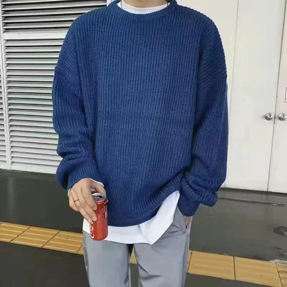 Solid Striped Sweater for Men Autumn Winter Casual O-neck Long Sleeve Pullovers Male Vintage All-match Knitted Jumpers Chic Tops