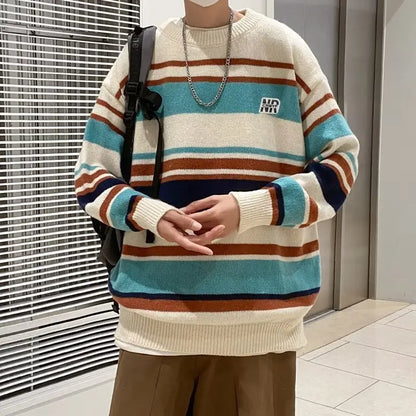 saferido Literature and Art Men's Loose Stripe Round Neck Knitwear Men's Autumn Oversize Lazy Sweater men coat winter clothes sweter