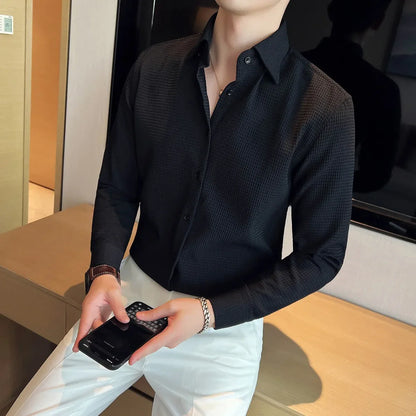 Spring Clothing Men's Korean Casual Luxury Texture Shirts Vintage Turn-down Collar Buttons Solid Color Long Sleeve New