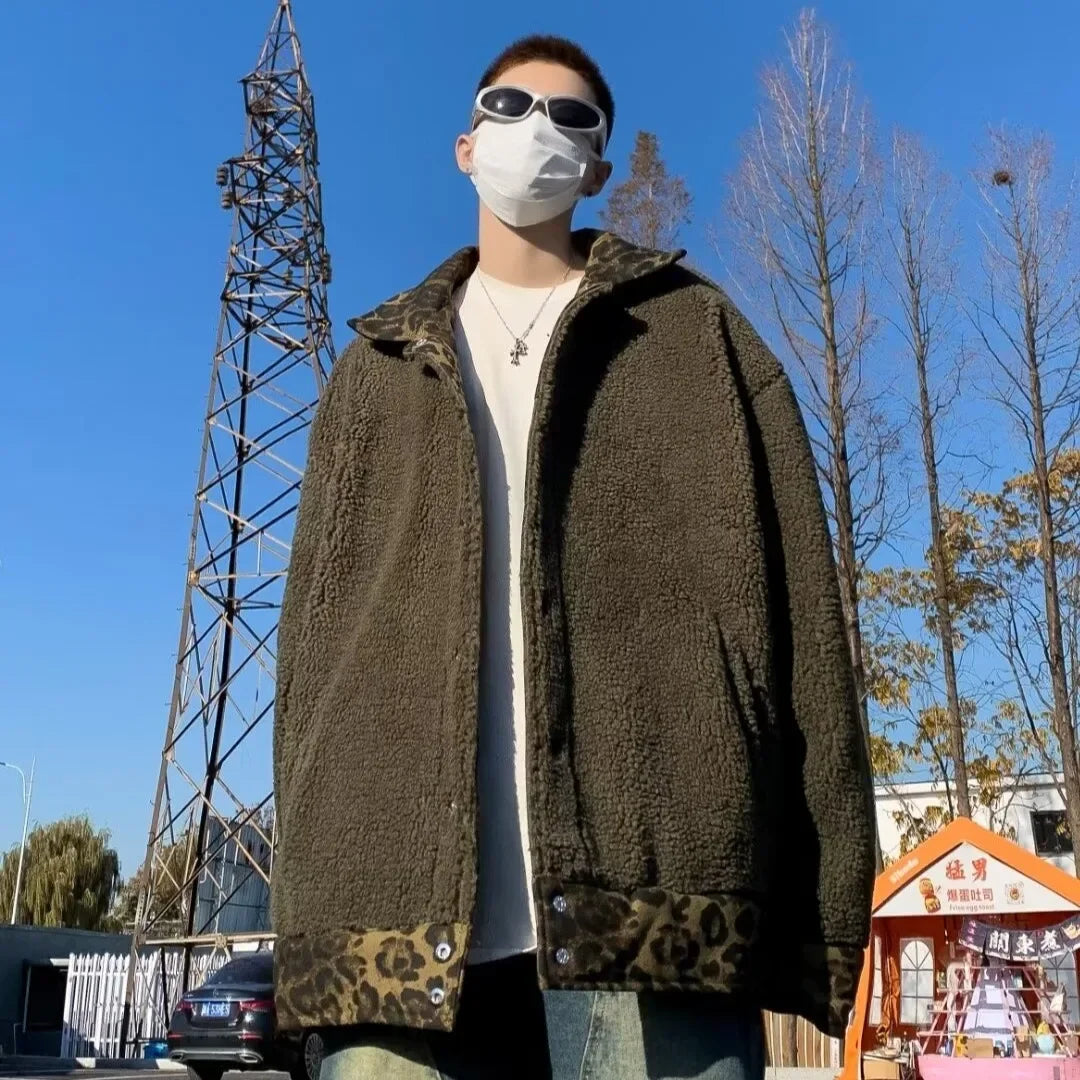 Leopard Padded Double-sided Thicken Jacket Men Vintage Winter Lambswool Warm Coat American Loose Warm Parkas Hip Hop Outwear