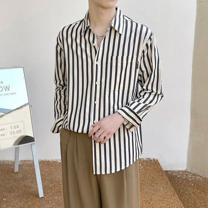 saferido Men's Korean Style Simple Loose Striped Printing Long Sleeve Shirt Fashion Trend High Quality Casual 3 Color Shirts M-2XL