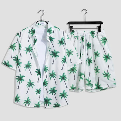 Mens Fashion Print Sets Short Sleeve Shirt+Shorts 2Pcs Suit Loose Summer Casual Beachwear Male Vacation Hawaiian Outfits