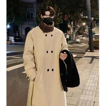 saferido Men's Lamb wool Patchwork Woolen Overcoat Men High-end Stand Collar Casual Loose Korean Style Winter New Elegant Trench Coat