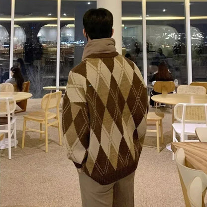 saferido Argyle Sweater Pullover Men's Christmas Grandpa Sweater Korean Casual Vintage Retro Clothes Autumn Streetwear Harajuku