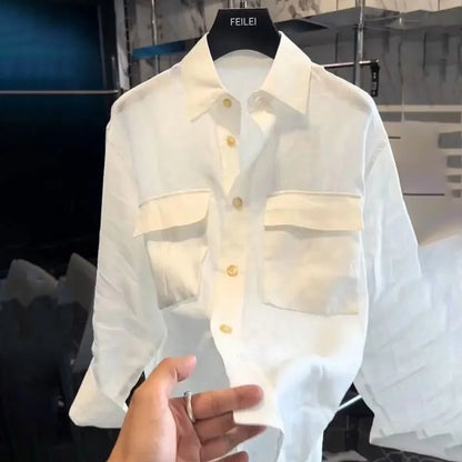 saferido Mens Shirt British Style Front Pocket Shirt Spring Casual Elegant Business Commuting Office Long-Sleeve Top Men'S Clothing 2024