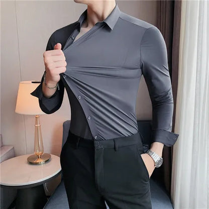 saferido  Men Spring High Quality Business Dress Shirts/Male Slim Fit High Elastic Force Long Sleeve Shirts Size S-4XL