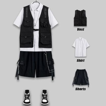 Men's Shorts Set Tank Top Men Cargo Punk Rave Vest Male Shirt Streetwear Hip Hop Hippie Men Clothing Pockets