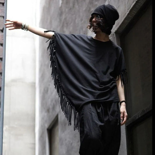 saferido 2024 New Men T Shirt Tassel Solid Color Cloak Punk Style Streetwear Fashion Irregular Tops O-neck Loose Casual Cape Camisetas