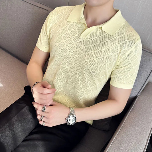 saferido  Male Spring Slim Fit Knitting Polo Shirts British Style Men's Summer Casual Hollow Out Short Sleeves Polo Shirts S-3XL
