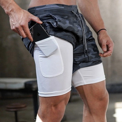Gyms Fitness Shorts Men Summer Sportswear 2 In 1 Double-deck Compression Shorts Male Tracksuits Track Joggers Short Pants