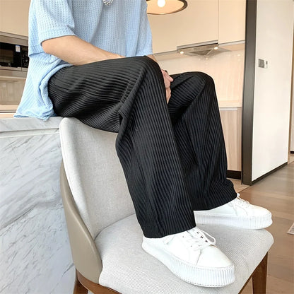 saferido Summer Pleated Pants Men Fashion Oversized Ice Silk Pants Men Japanese Streetwear Loose Straight Pants Mens Casual Trousers