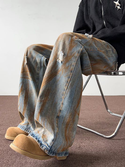 saferido Spring and autumn tie dyed distressed jeans, men's straight leg American trendy brand ruffian handsome casual hip-hop high street 2024