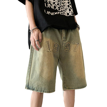 saferido  2024 Men Summer Vintage Oversize Loose Embroidery Jeans Men Straight Middle Shorts Male Casual Streetwear Denim Short Pant F19