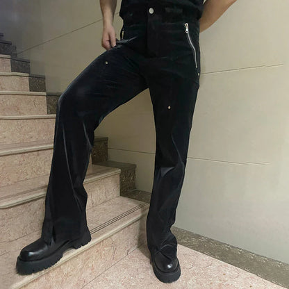 saferido Y2k Mens American Retro Design Punk Street Trousers Fashion High Waist Loose Versatile Split Liquid Leather Pants Unisex