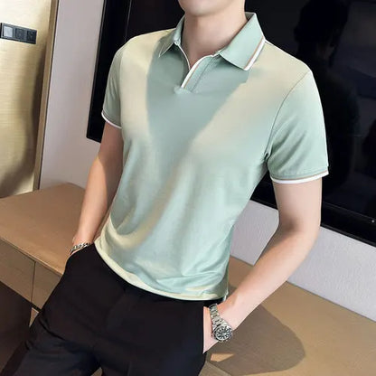 saferido  Summer New Style Men's Casual Slim Fit Short Sleeve Solid Color POLO Shirt British Slim Lapel Color Blue T-shirt Polo S-4XL