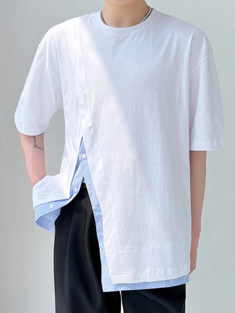 Men Clothing Summer Short Sleeve Slit Patchwork T-shirt Korean Fashion Loose Streetwear T Shirt Tops For Male