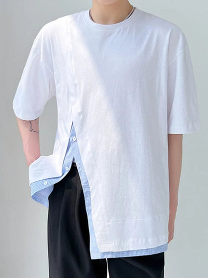 Men Clothing Summer Short Sleeve Slit Patchwork T-shirt Korean Fashion Loose Streetwear T Shirt Tops For Male