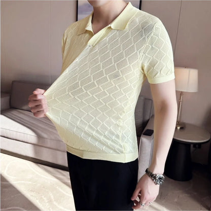 saferido  Male Spring Slim Fit Knitting Polo Shirts British Style Men's Summer Casual Hollow Out Short Sleeves Polo Shirts S-3XL