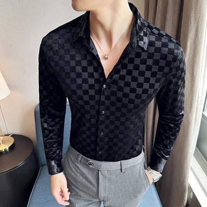 saferido Men Clothing Spring High Quality Canary Velvet Long Sleeve Shirts/Male Slim Fit Plaid Luxury Office Dress Shirts Plus Size 4XL-M