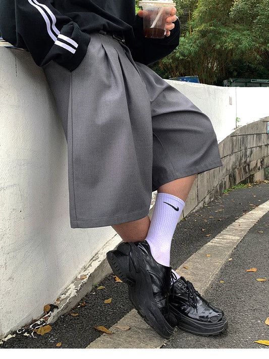 saferido Spring Summer Loose Casual Soft Grey Pleated Shorts for Men with High Waist Short Straight Pants Korean Clothes