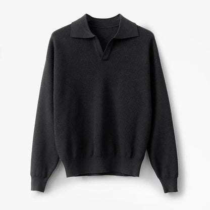 Designed Winter Small V-neck Pullover Knitted Sweater Men Retro Polo Collar Loose High-end Simple Solid Color Vintage Sweater